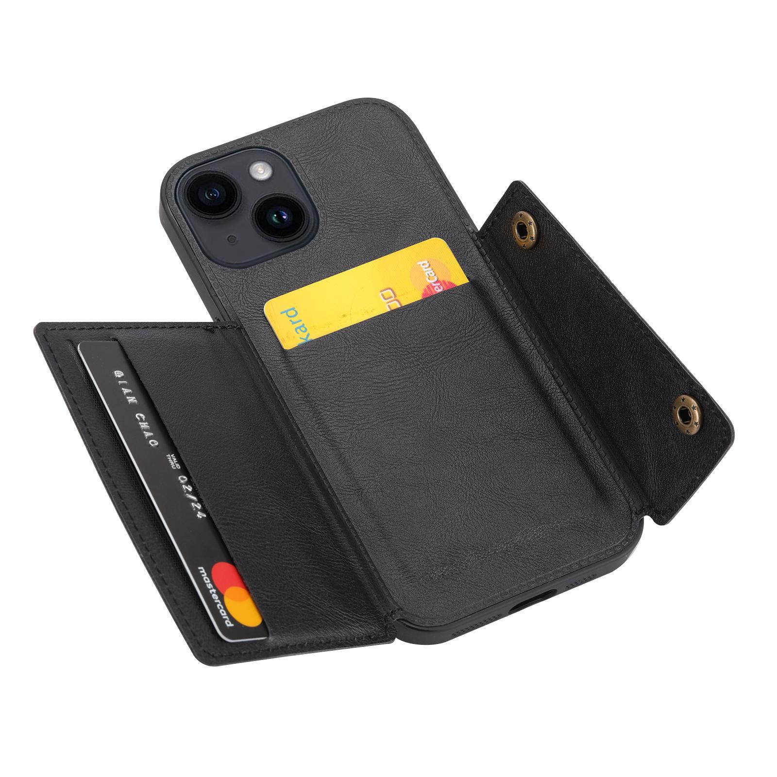 

For iPhone 15 Kickstand Shell PU Leather Coated TPU Phone Cover with Card Slots Black