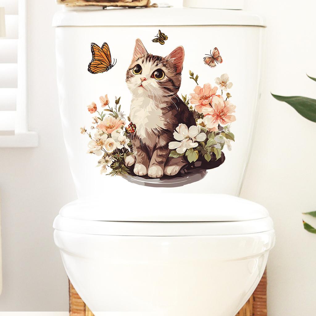 Cute Floral Kitten Toilet Lid Sticker Self-Adhesive Removable Bathroom Decor