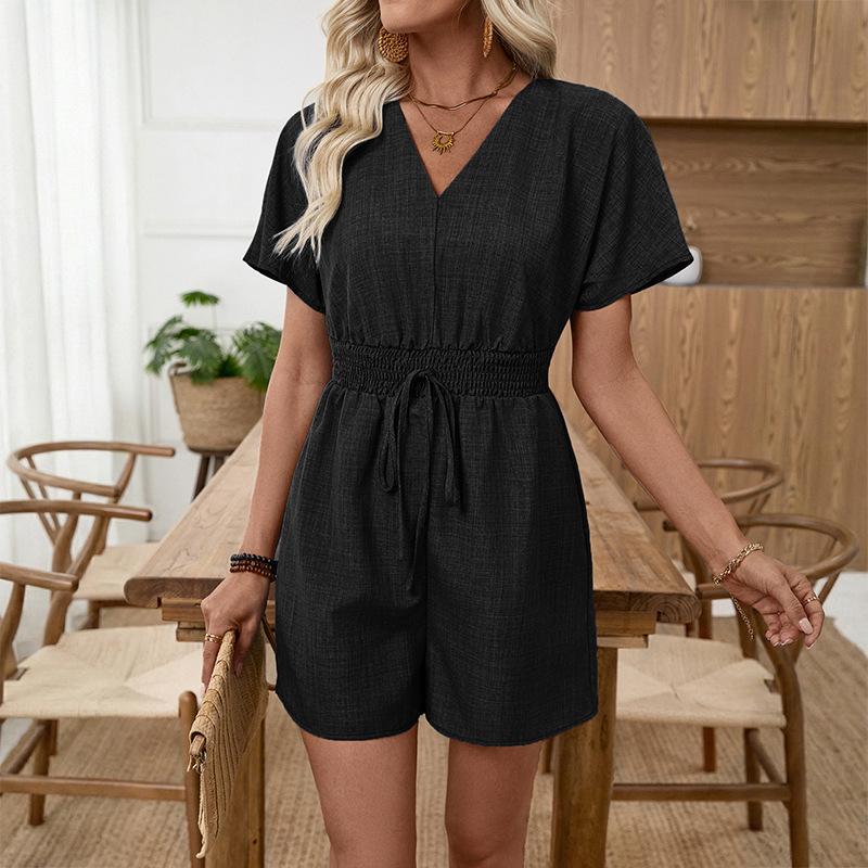 Women's V Neck Short Sleeve Faux Denim Romper Cinched Waist Jumpsuits Casual One Piece Outfits