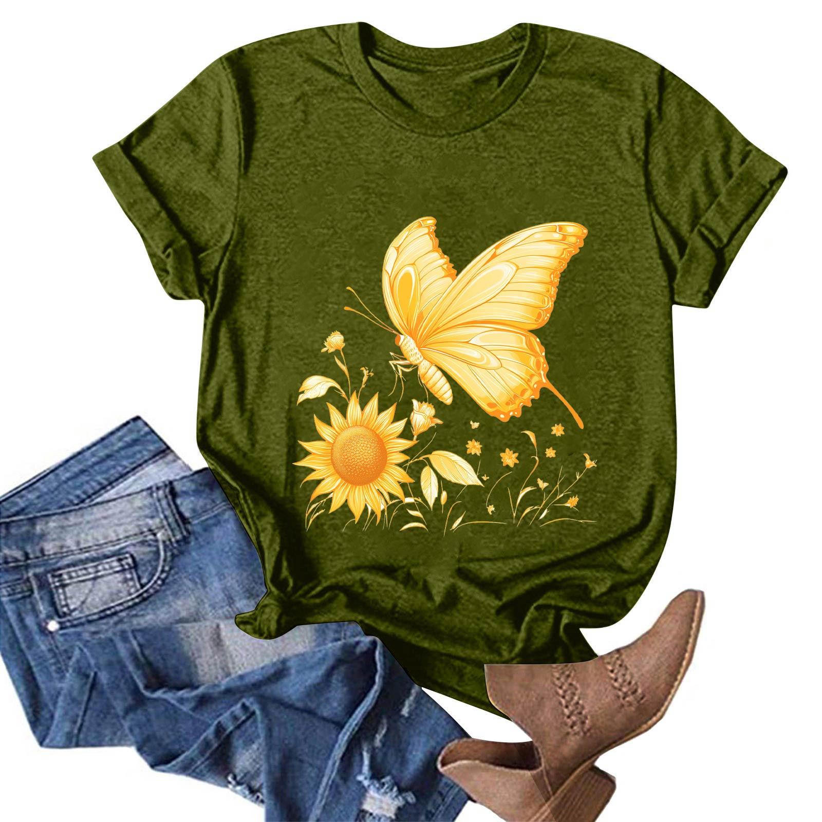 

Женская модная повседневная футболка с круглым вырезом и принтом, пуловер с короткими рукавами, топ L армия зеленый