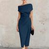 Dames Off Shoulder Taille Split Midi Jurk Elegante Formele Avondfeest Jurk met Plooien voor Speciale Gelegenheden