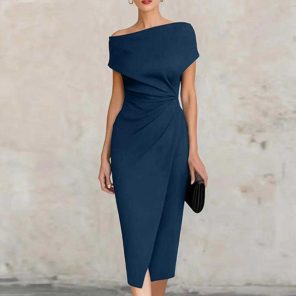 Dames Off Shoulder Taille Split Midi Jurk Elegante Formele Avondfeest Jurk met Plooien voor Speciale Gelegenheden