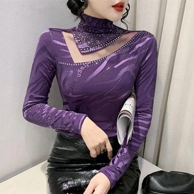 Primavera Outono Clássico Mulheres Gola Alta Manga Comprida Camiseta Moda Sexy Quente Diamantes Camisetas Elástica Slim Menina Tops Blusa