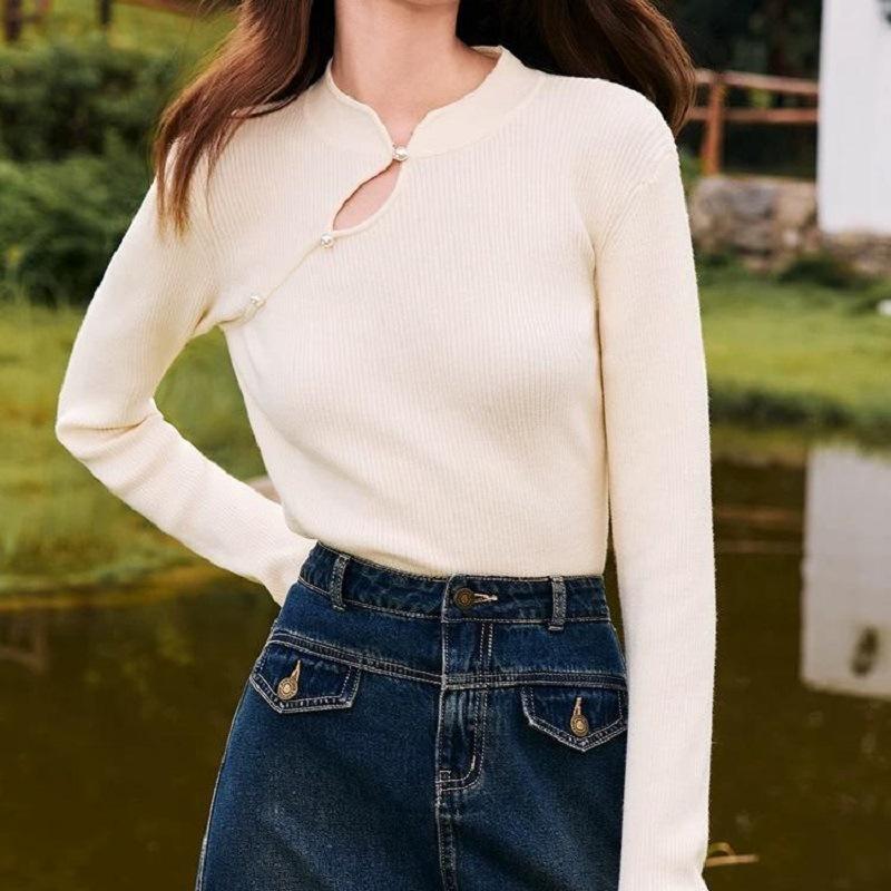 

Spring and Autumn Cheongsam Collar Bottom Shirt Beaded Premium Bottom Shirt Women s Design Sense Long Sleeves Tight Body 48-193 (average size) білий