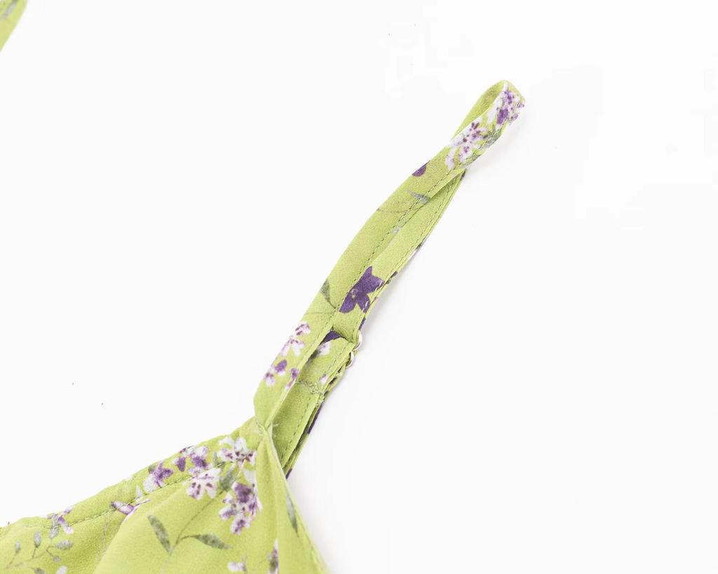 French Retro Green Floral V-Neck Cinched Waist Maxi Dress