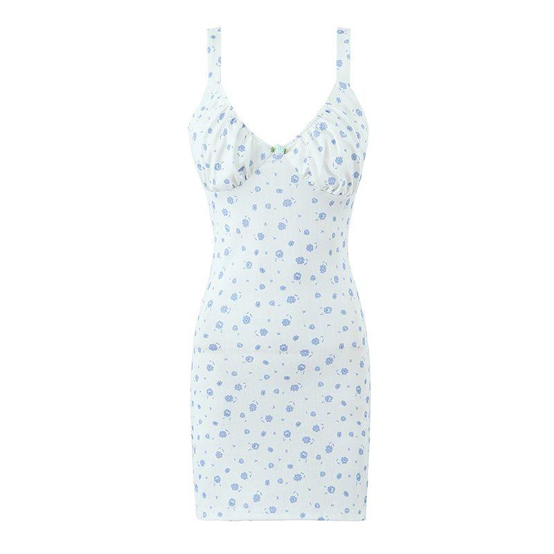 

Blue Danube French style Pure Desire Gyaru V-neck Rose Small Flower Sexy Slim fit Slimming Vacation Sling Dress Light blue L