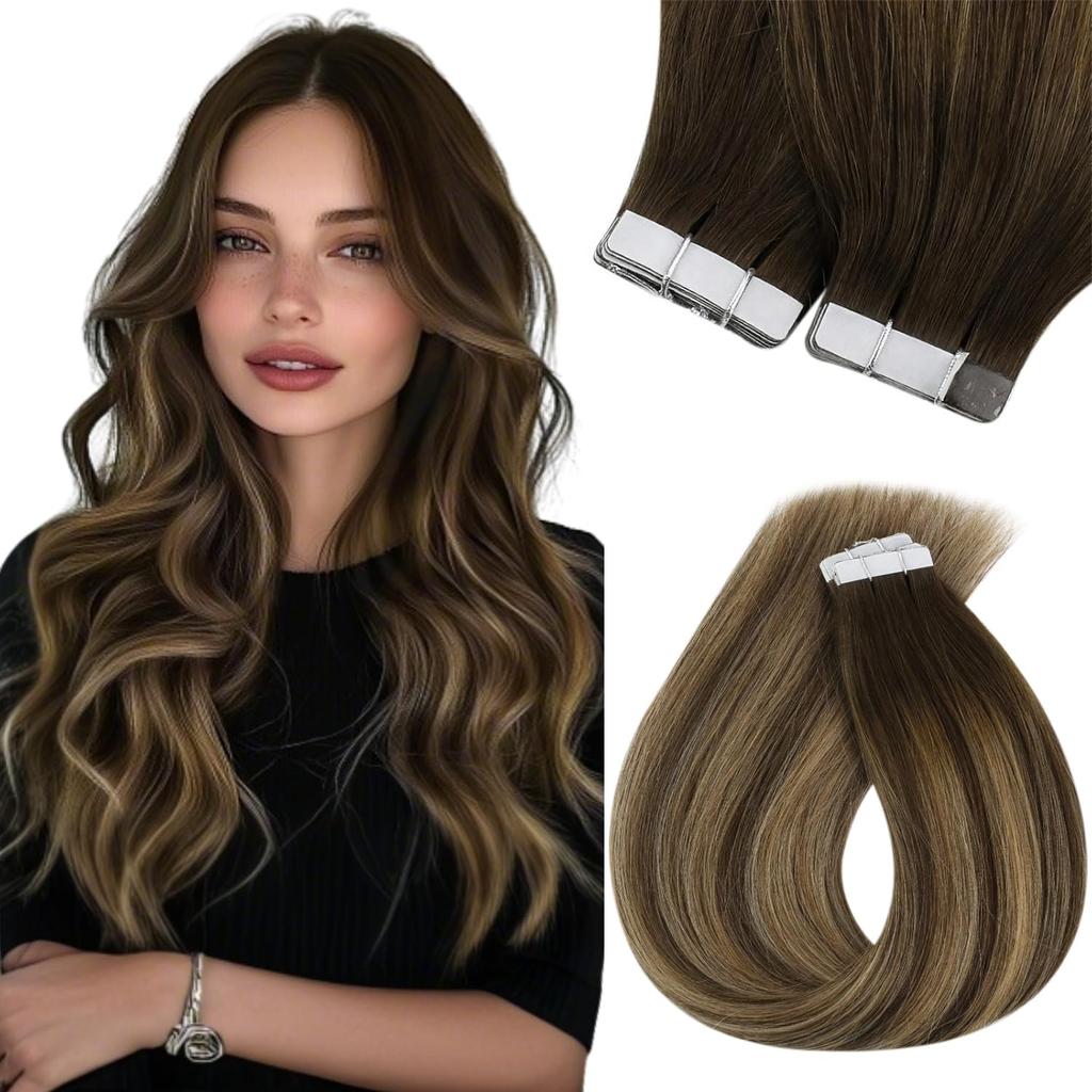 VeSunny Remy Tape In Hair Extensions Brazilian Human Natural Hair 12-22 inches 30&50G Balayage Human Hair Extensions