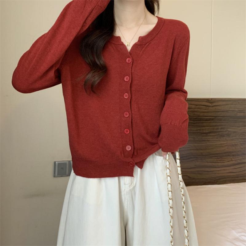 Women's Autumn Knit Cardigan: Short, Simple, Versatile Loose Fit, Casual Round Neck Long Sleeve Jacket