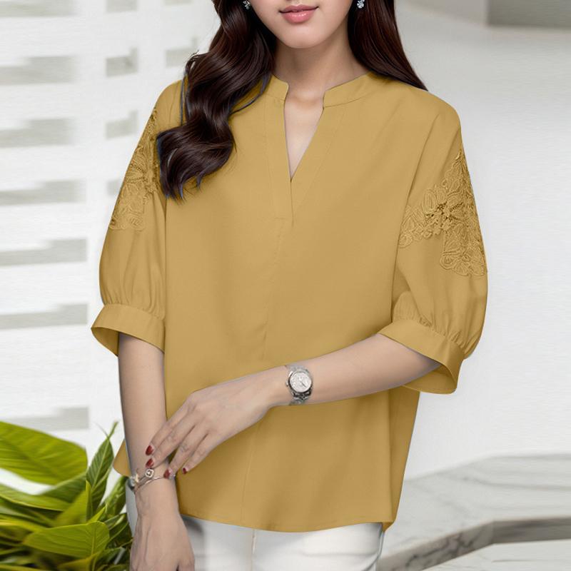 

ZANZEA Женская повседневная блузка с V-образным вырезом, вышивкой, пэчворком и рукавом до локтя 5XL хаки