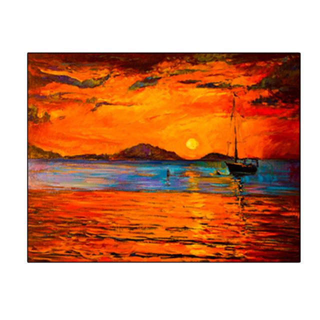 Sun and Ocean Boat Painting Poster Printed On Canvas, Living Room Wall, Pop Art Home Decoration