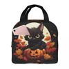 Cartoon Black Cat And Pumpkin Halloween Insulated Lunch Bag for Women Children Leakproof Food Boxes Thermal Lunch Box Tote