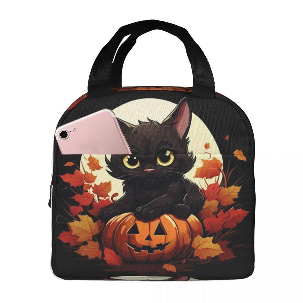 Cartoon Black Cat And Pumpkin Halloween Insulated Lunch Bag for Women Children Leakproof Food Boxes Thermal Lunch Box Tote