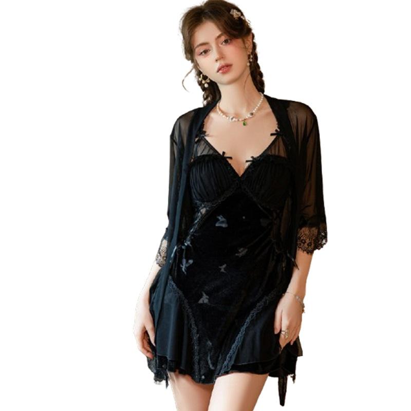 Women's French Velvet Lace Butterfly Print Push Up Removable Pads Sheer Backless Sleep Dress with Robe