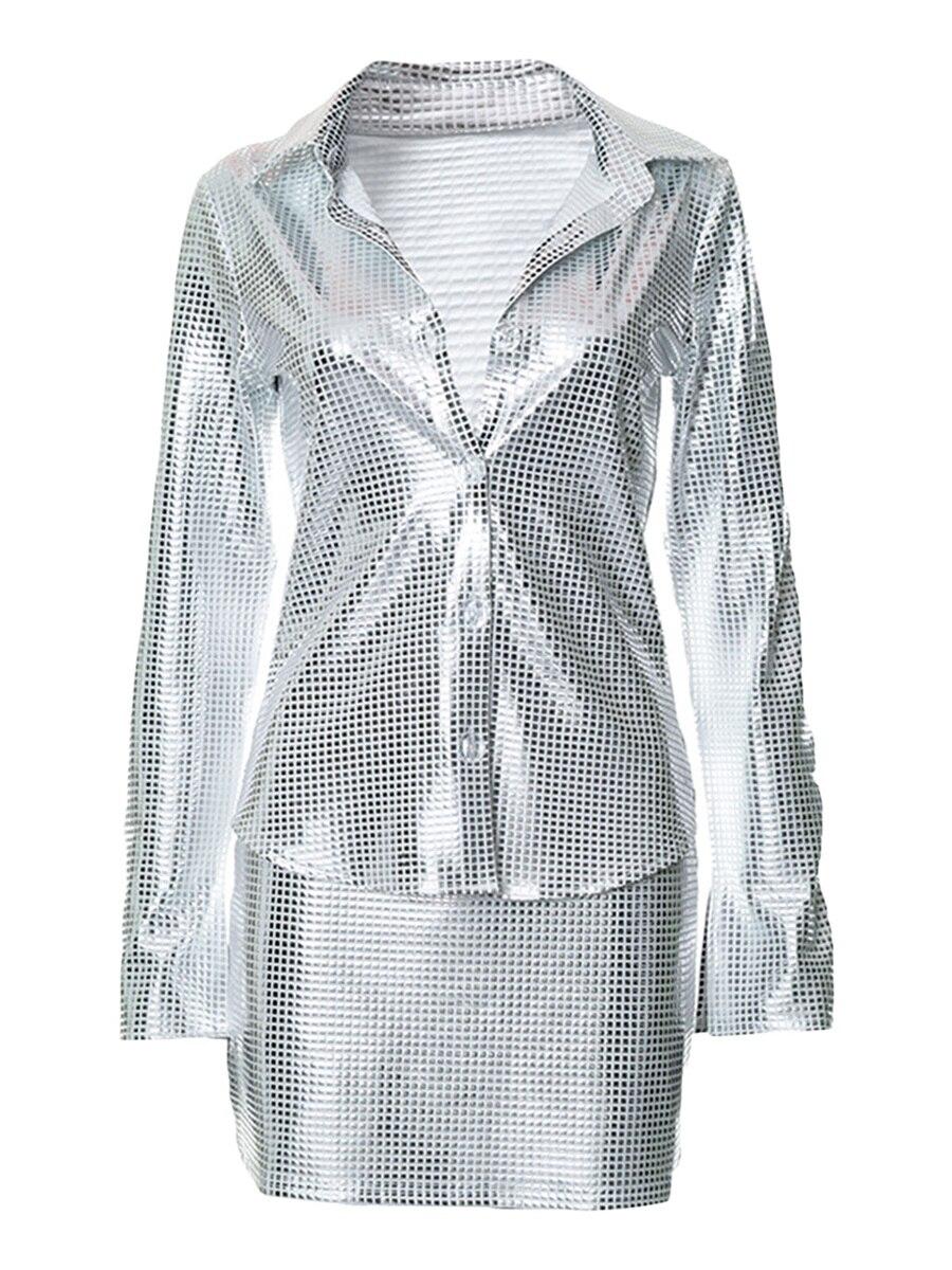 

Women Long Sleeve Shirt Sets Party Clubwear Matching Sets Streetwear Sequins Office Lady Skirt Sets Elegant M срібний