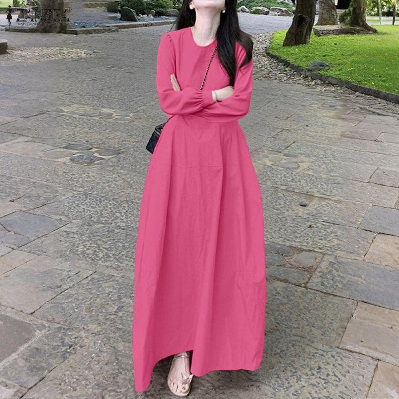 ZANZEA Women Round Neck Solid Color Long Sleeve Loose Casual Pleated Long Dress