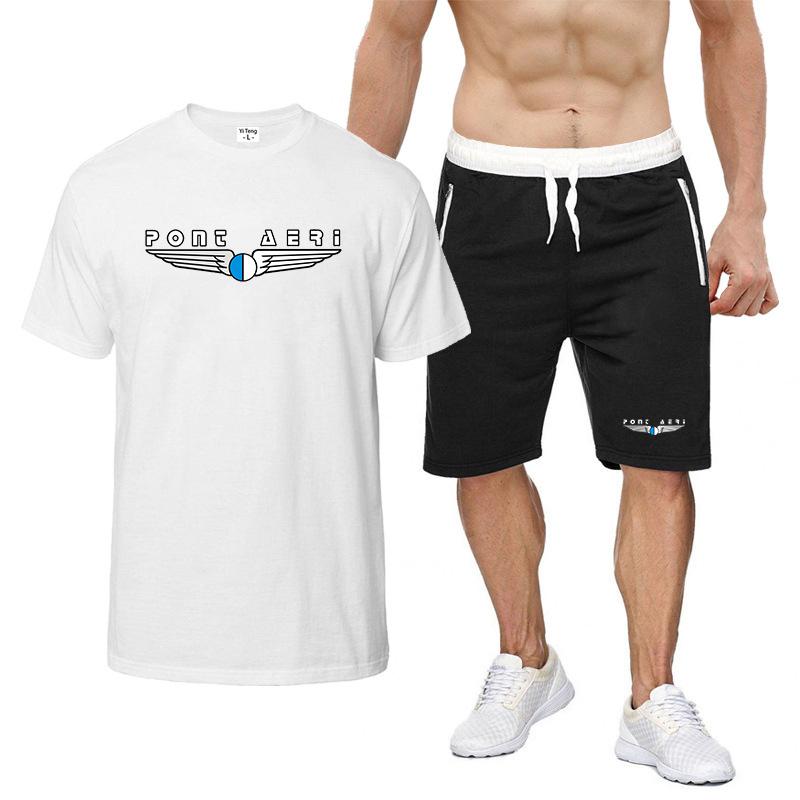 Disco Logo Pont Aeri Summer Solid color Men's Shirt Set Fashion lapel Jacquard Short-sleeved Shirt Shorts 2 Piece Set