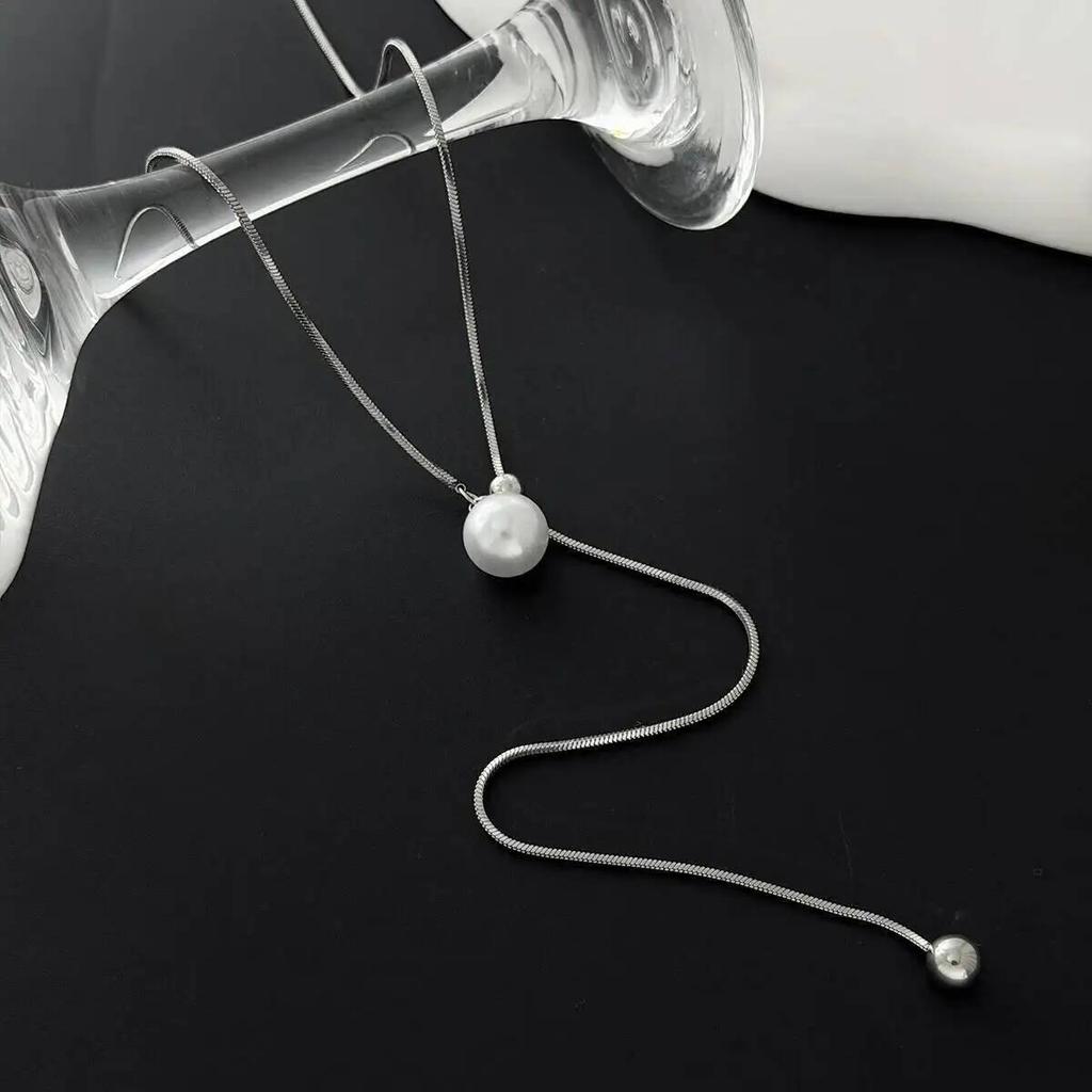 Salircon Minimalism Trendy Stainless Steel Long Snake Chain Necklace For Women Elegant Imitation Pearl Pendant Choker Jewelry