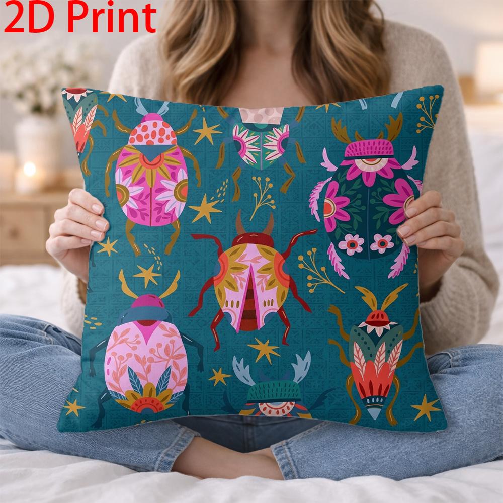 1pc Boho Insect Folk Art Pillow Covers with Ornate Beetle Floral Surround Botanical Set Pattern, Sq