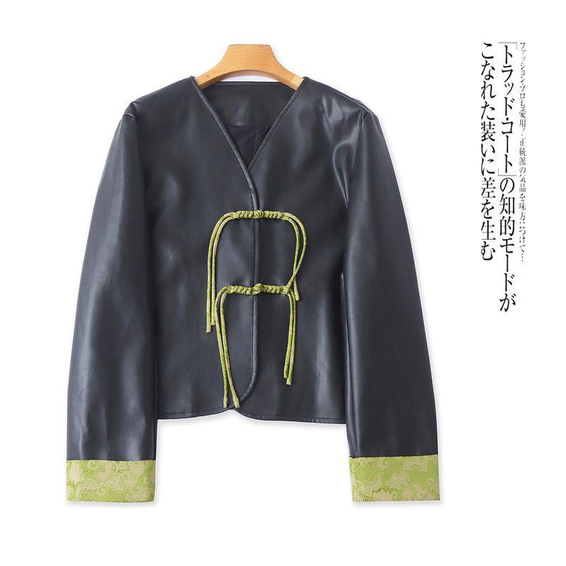 

New Chinese Style National Style Outwear New Fall Women s Clothing Fashion V-neck Frog Button Satin Stitching Long Sleeves Imitation Sheepskin 31938 Black and Green A- 10-30-5 5XL