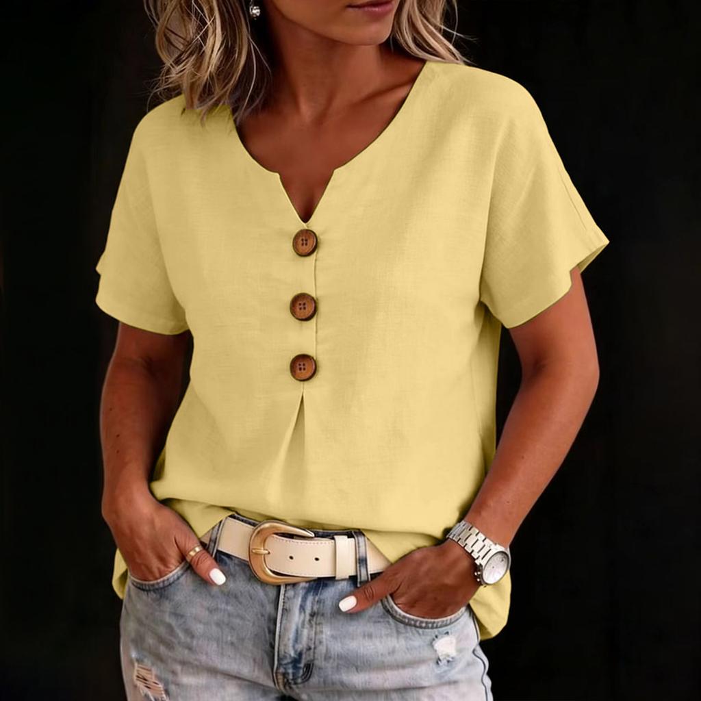Women’s V Neck Cotton Linen Short Sleeve Button Front Casual Loose Fit Blouse Lightweight Summer Top for Daily Wear