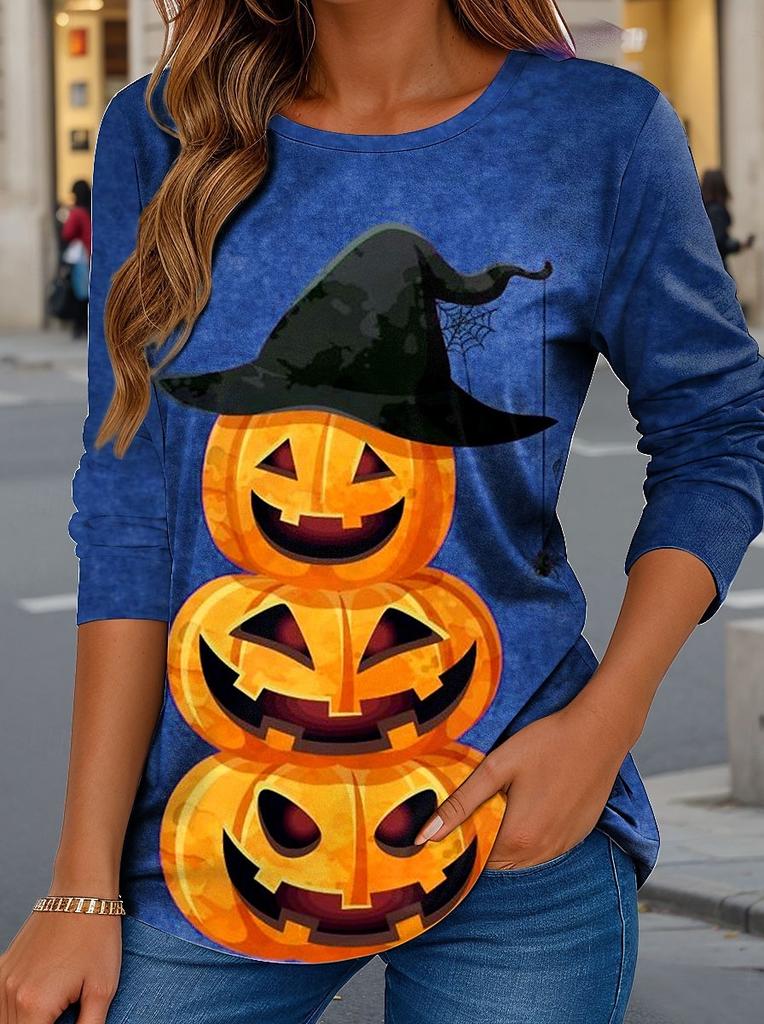 2025 Women Casual Long Sleeve Tops Graphic Halloween Pumpkin Tee Shirts Blouse Crewneck Fall Winter Streetwear Style Pullover