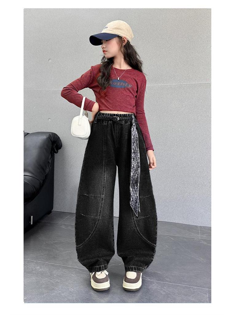 Autumn 2025 Girls' Wide-Leg Scimitar Jeans - Casual Long Pants for Kids