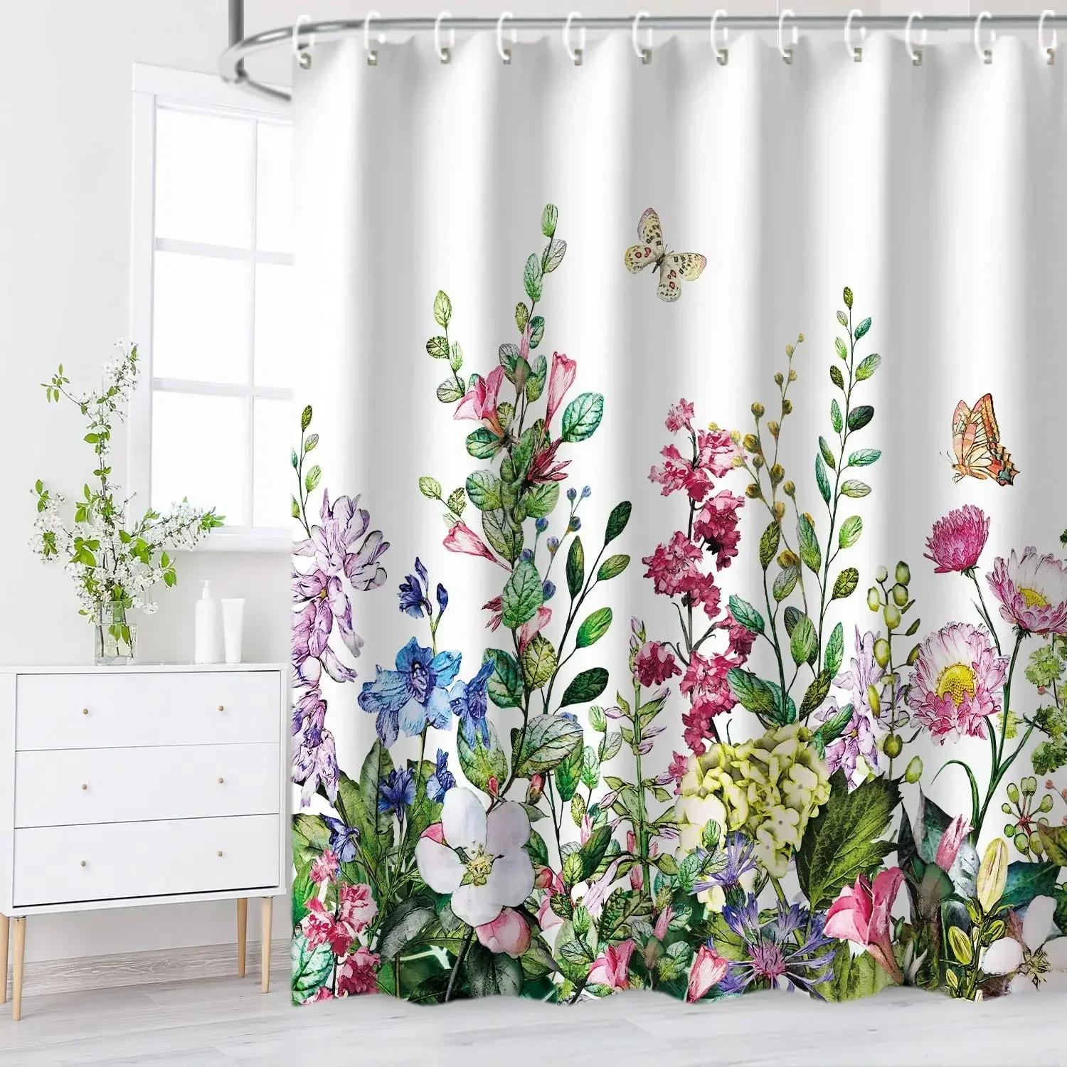 

Floral Shower Curtains For Bathroom Flower Watercolor Plant Leaves Bathroom Curtain Home Decor Washable Bathroom Accessories Set W60H190(CM)-1 Pcs
