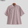 INCERUN Summer Men Stand Neck Short Sleeve Side Buttons Casual Vintage Shirts Tops