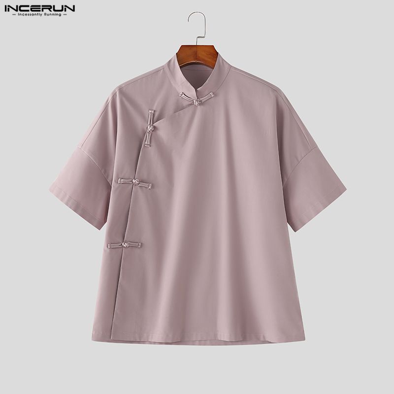 INCERUN Summer Men Stand Neck Short Sleeve Side Buttons Casual Vintage Shirts Tops