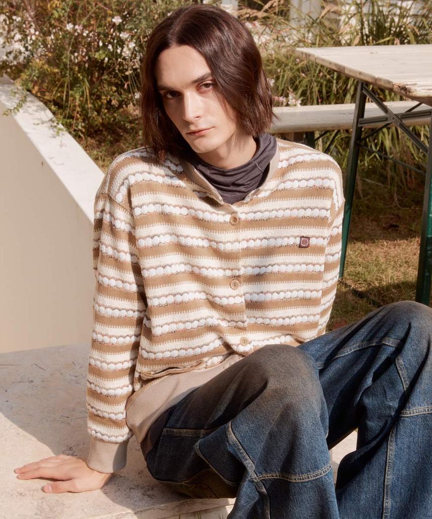 Allamseoul Alarm Loop Stripe Knit Cardigan_Beige
