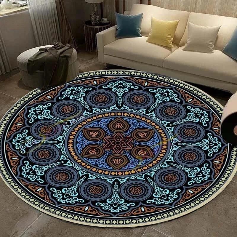 Round Carpet Retro Mandala Geometric Flower Pattern Rug Living Room Bedroom Cloak Non Slip Mat Home Decoration