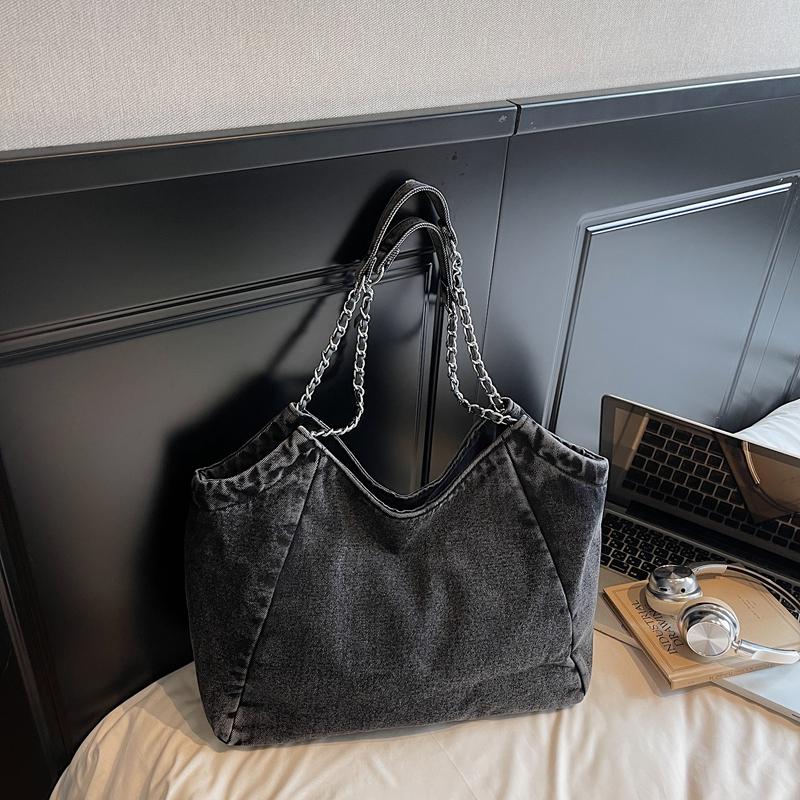 Large Capacity Tote Bag Women's Commuter Denim Shoulder Bag Chains Bag