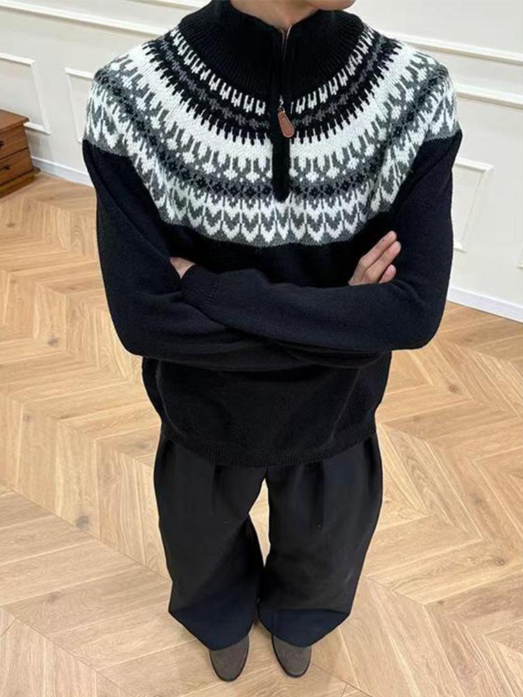 Pánský pletený svetr Fair Isle s jacquardovým vzorem, poloviční zip, podzim/zima, vysoký límec, retro styl, ideální pro páry