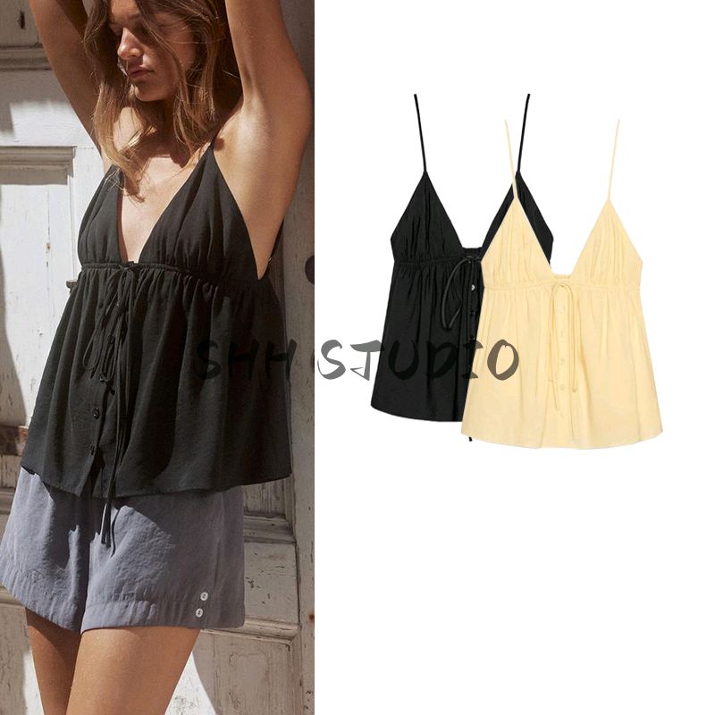 Summer New Product Women's Clothes Minimalist Breasted Decoration V Neck Sleeveless Bows Drape Strap Tops 3744117