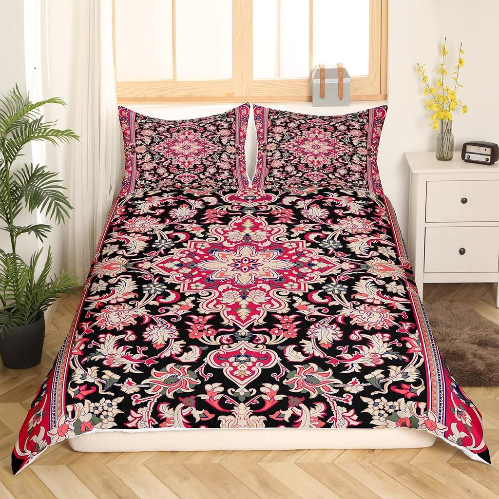 Ethnic Bright Floral Duvet Cover Queen King Size Boho Botanical Bedding Set Geometric Abstract Quilt Cover Bedroom Decor 3 Pcs