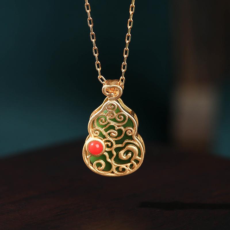 

Douyin Kuaishou Live Traditional Chinese Gold Fu Lu Shou Gourd Jade-Inspired Retro Necklace. Electroplated 24K Gold