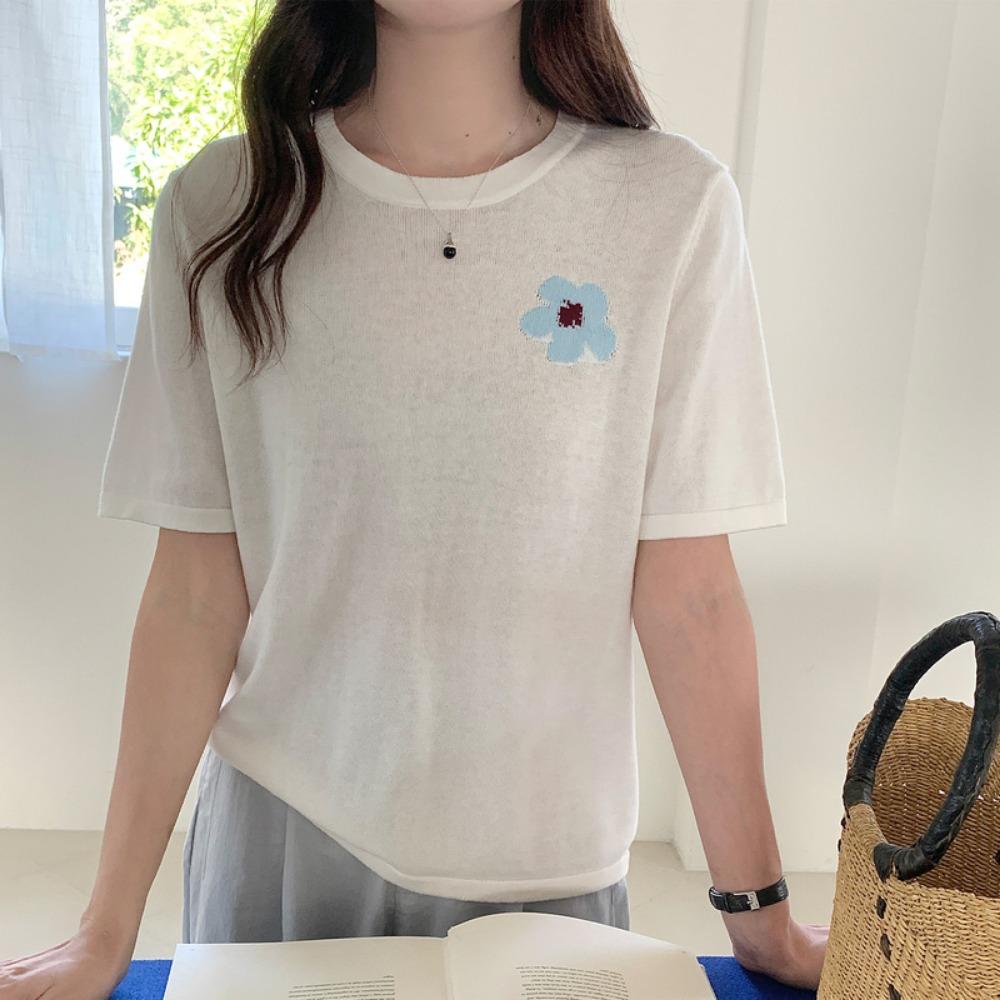 Women's T-shirt Casual Knitted Pullover Short Sleeved Loose Round Neck Tees Pull Embroidered Flower White Top
