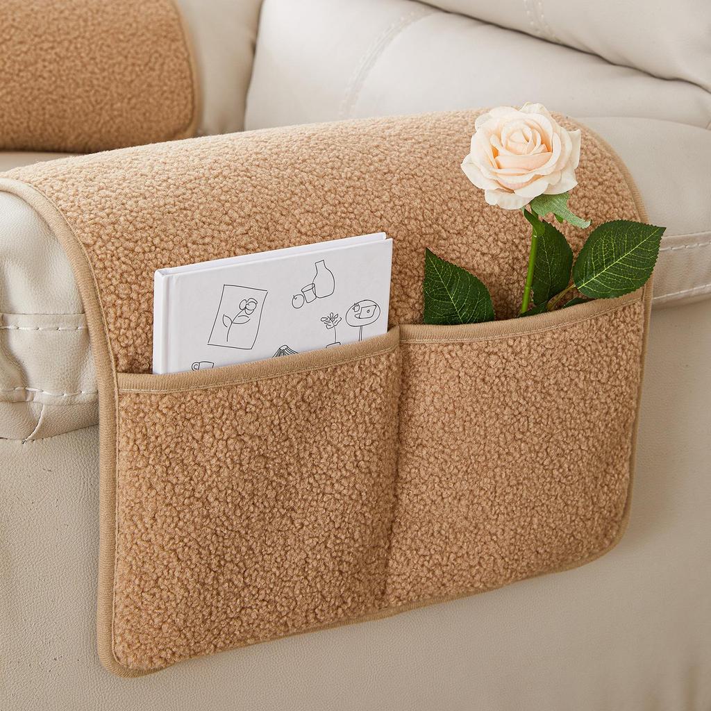 Lambswool Sofa Armrest Pad Set with Storage Pocket (3-Piece)