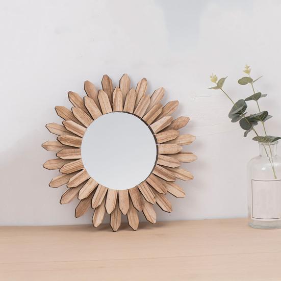 Rustic Wood Sunflower Decoration Wall Mirror Flower Wood Frame Hanging