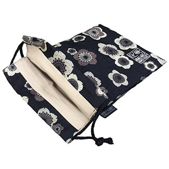 Senshishuin Nishijin Brocade Drawstring Bag Light Ink Cherry Houndstooth Large (Lined) - Blossom/Black Design,