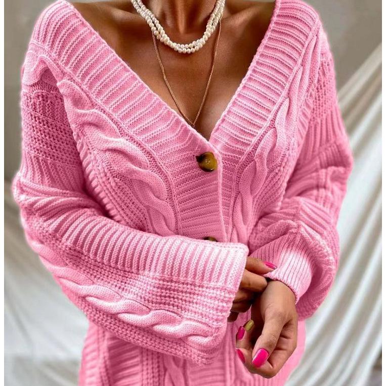 Autumn 2025 Women's V-Neck Lantern Sleeve Knit Cardigan - Loose & Sexy European/American Style Sweater