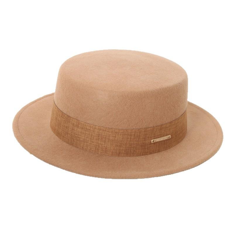Womens Wool Flat Top Hat With Ribbon Trim Winter Warm Casual Outdoor Fedora Style
