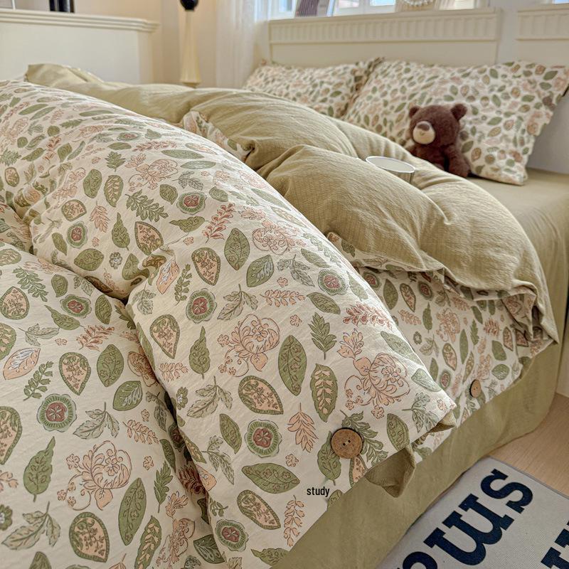Retro Floral Linen Bedding Set: Autumn & Winter 4-Piece with Button Duvet Cover & Sheet