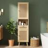 Tall Freestanding Bathroom Cabinet, Rattan Doors, Reversible Left-Right, Drawer, Magnetic Closure, Soft-Close Hinges, 40×30×166 cm, Natural Wood Color