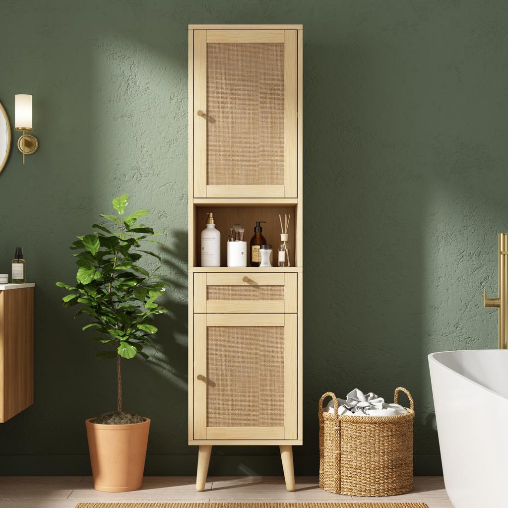Tall Freestanding Bathroom Cabinet, Rattan Doors, Reversible Left-Right, Drawer, Magnetic Closure, Soft-Close Hinges, 40×30×166 cm, Natural Wood Color
