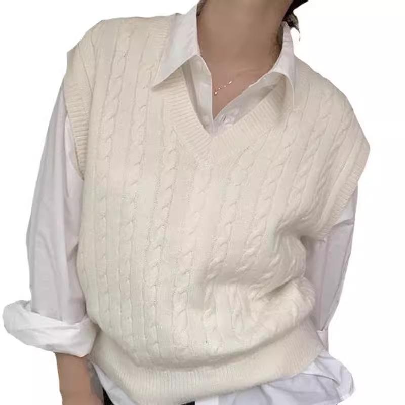 White V-Neck Twisted Knit Sleeveless Pullover Vest for Women - Early Autumn Layering Sweater, Lazy Style