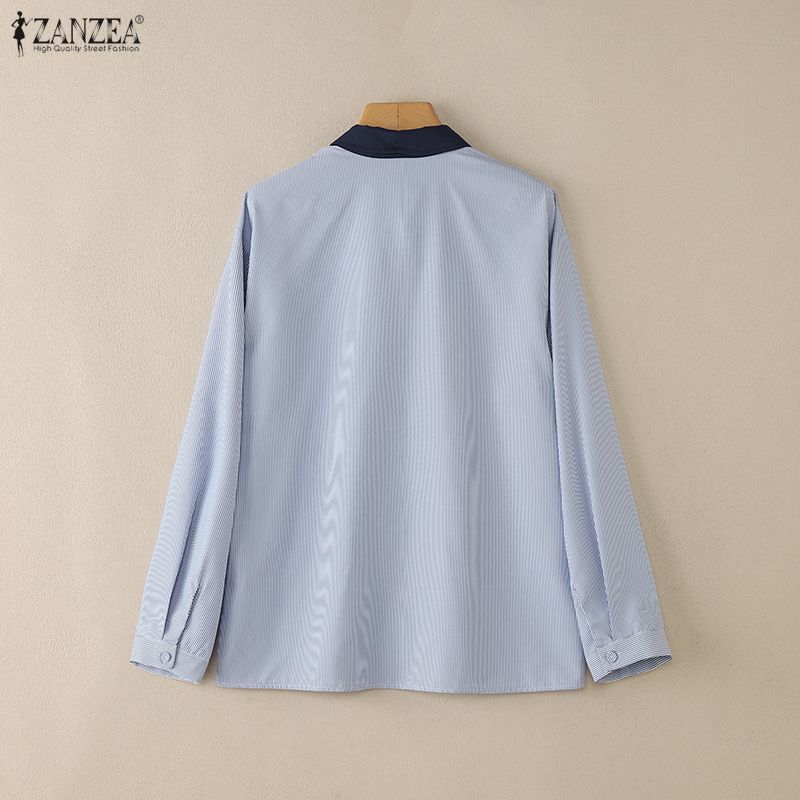 ZANZEA Women Casual Splice Turn Down Collar Long Sleeve Stripe Blouse
