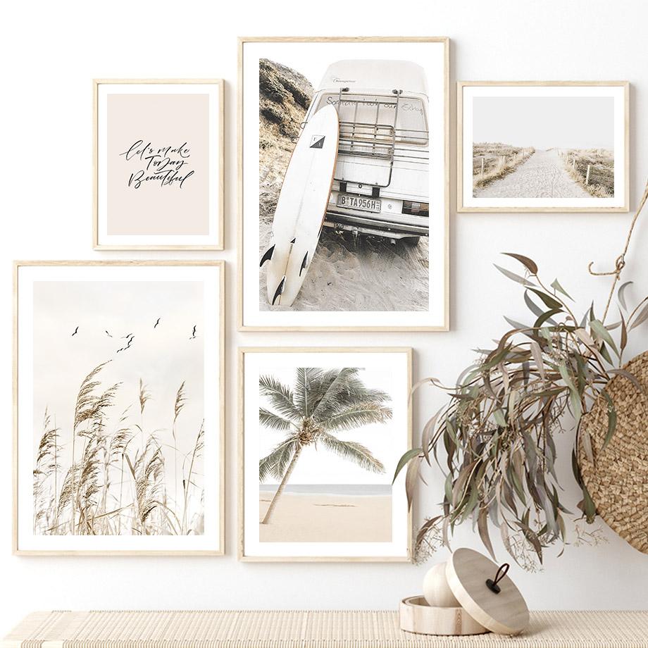 Beach Surfboard Starfish Reeds Summer Surf Landscape Beige Posters Canvas Painting Wall Art Pictures For Living Room Decor
