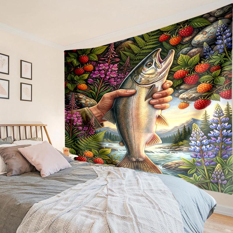 Salmon Amidst Nature Tapestry, Unique Design Tapestry, Wall Decor for Bedroom,Livingroom, Playroom,Heartwarming Fan Holiday Gifts
