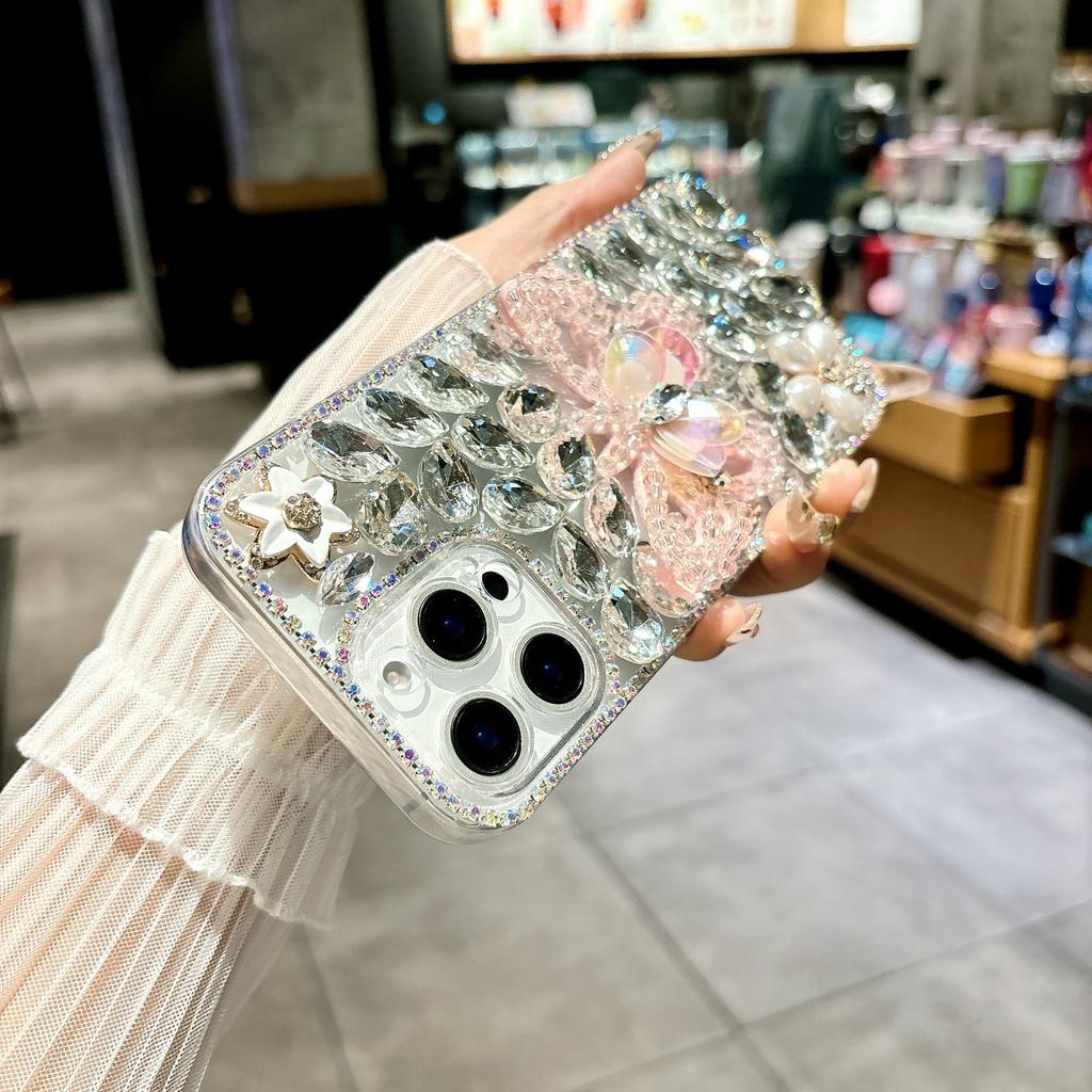 For iPhone 15 Pro Case Glass Rhinestone Decor Butterfly Pattern TPU Phone Back Cover